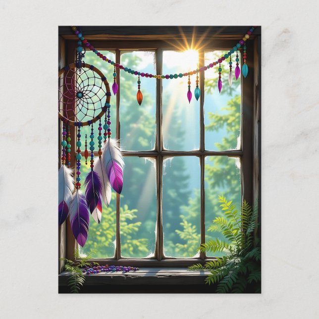 Carte Postale Joli attrape-rêves violet dans la fenêtre   (Devant)