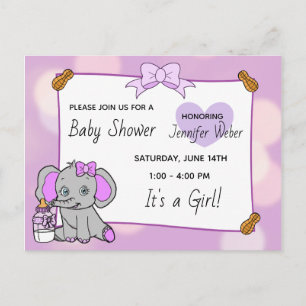 Carte Postale Joli Baby shower de fille d'éléphant violet