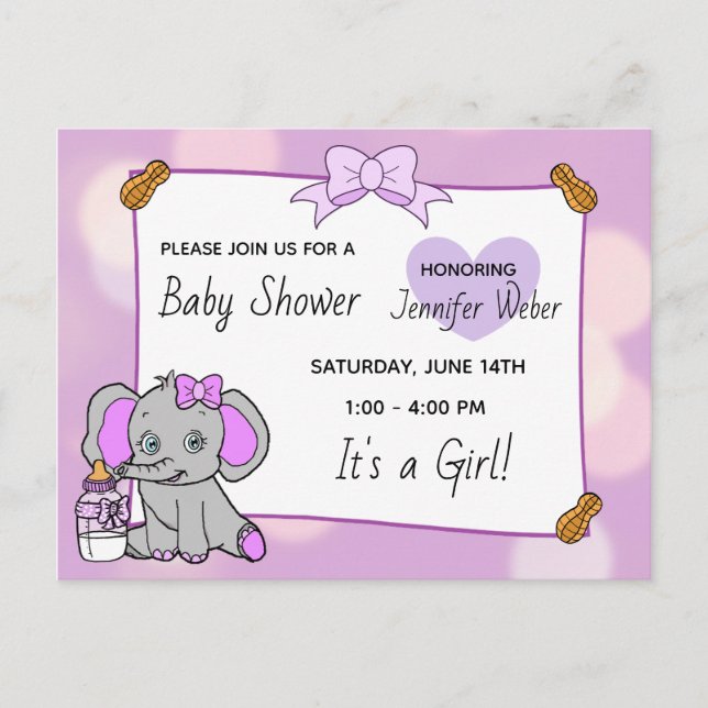 Carte Postale Joli Baby shower de fille d'éléphant violet (Devant)