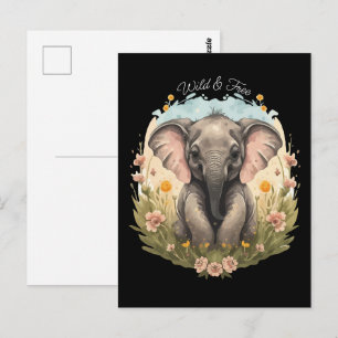 Carte Postale Joli bébé éléphant Veau Fleur sauvage Envie de voy