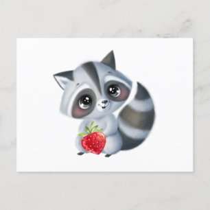 Carte Postale Joli bébé raton laveur à l'aquarelle avec fruit de