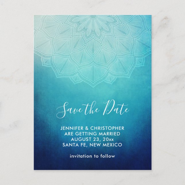 Carte Postale Joli bleu Mandala Abstrait Enregistrer la date (Devant)
