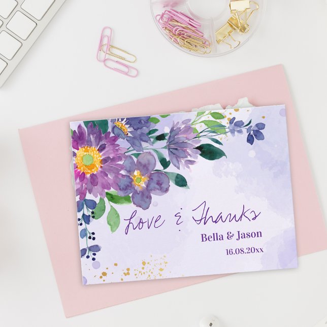 Carte Postale Joli Bleu Violet Floral Mariage Remerciements (Pretty Purple Blue Floral Wedding Thank You Postcard)