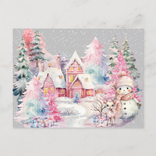 Carte Postale Joli bonhomme de neige rose en pays merveilleux d'