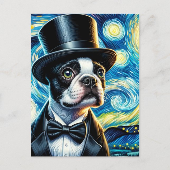 Carte Postale Joli Boston Terrier avec un haut-de-forme Van Gogh (Devant)
