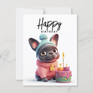 Carte Postale Joli bouledogue français, robe rose, gâteau d'anni