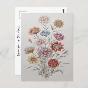 Carte Postale Joli Bouquet de fleurs sauvages dessin crayon colo