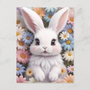 Carte Postale Joli Bunny Blanc Pastel Fleurs De Marguerite