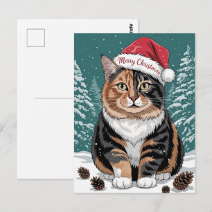 Carte Postale Joli Chapeau de Père Noël pour Chat Calico Merry C