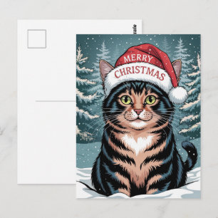 Carte Postale Joli Chapeau de Père Noël pour Chat Calico Merry C