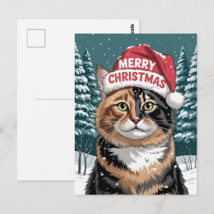 Carte Postale Joli Chapeau de Père Noël pour Chat Calico Merry C