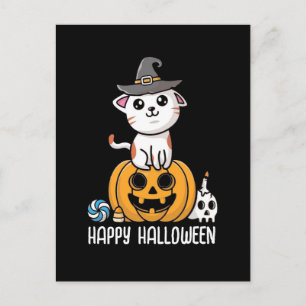 Carte Postale Joli Chat Assis sur Citrouille Halloween