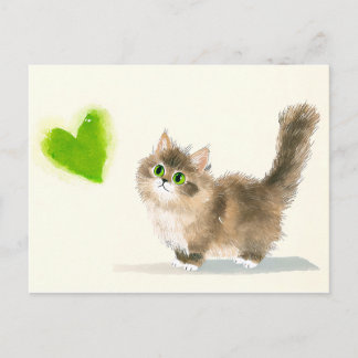 Carte Postale Joli Chat avec Cœur Vert – Design Minimaliste