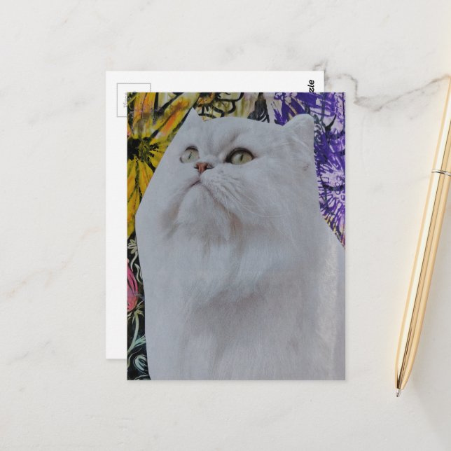 Carte Postale Joli chat blanc dans un collage de fleurs (Devant/Arrière en situation)