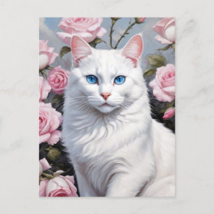 Carte Postale Joli chat blanc et roses roses