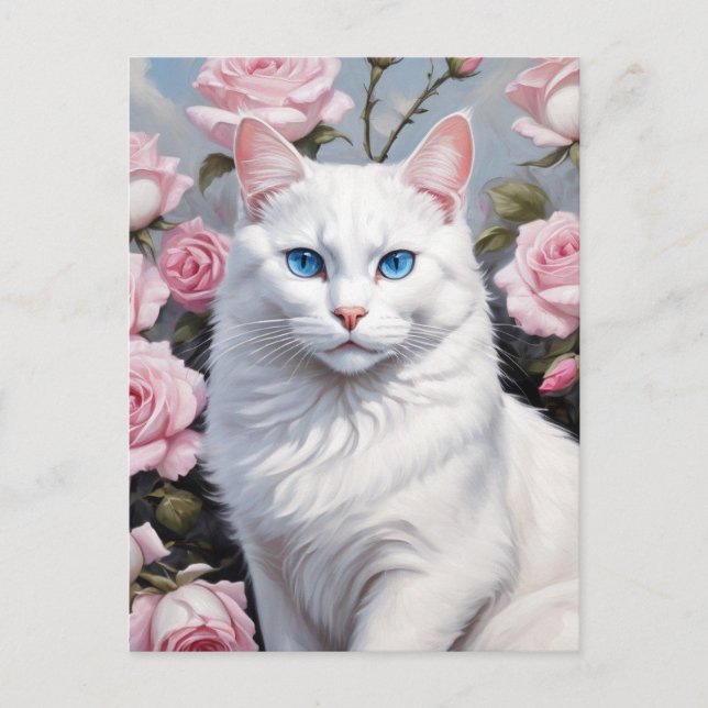 Carte Postale Joli chat blanc et roses roses (Devant)