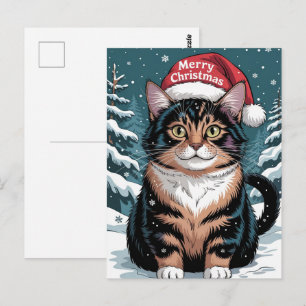 Carte Postale Joli Chat Calico Chapeau de Père Noël Joyeux Noël