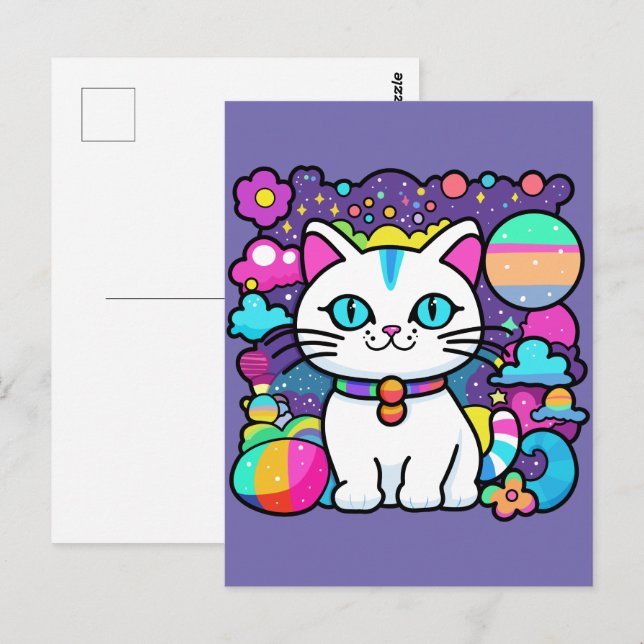 Carte Postale Joli Chat Cosmique Blanc (Devant / Derrière)