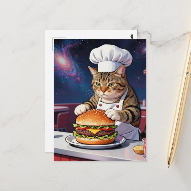Carte Postale Joli Chat Cuisinier Préparant un Cheeseburger dans (Devant/Arrière en situation)
