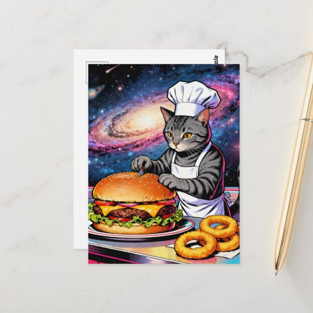 Carte Postale Joli Chat Cuisinier Préparant un Cheeseburger et d (Devant/Arrière en situation)