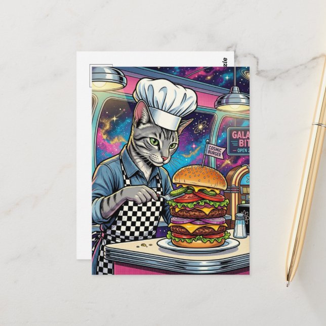 Carte Postale Joli Chat Cuisinier Réalisant un Cheeseburger dans (Devant/Arrière en situation)