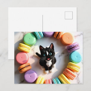 Carte Postale Joli Chat d'Anniversaire avec des Macarons Colorés