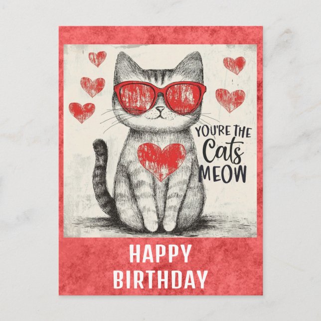 Carte Postale Joli Chat Drôle Joyeux Anniversaire Cœurs (Devant)