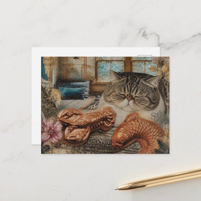 Carte Postale Joli Chat Endormi Avec Homard et Poisson (Devant/Arrière en situation)