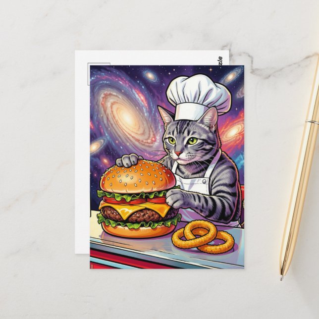 Carte Postale Joli Chat Gris Tabby Chef Préparant un Cheeseburge (Devant/Arrière en situation)
