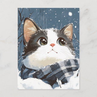 Carte Postale Joli chat hiver enneigé confortable