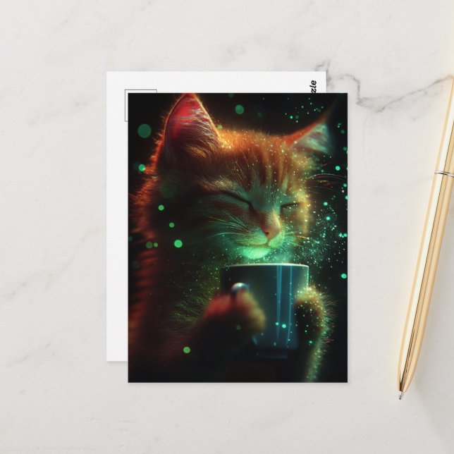 Carte Postale Joli Chat Jouit de Café (Devant/Arrière en situation)