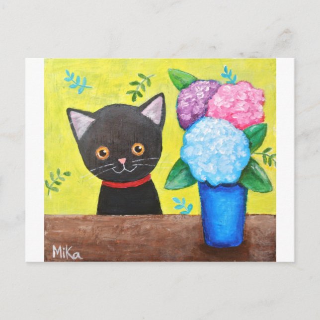 Carte Postale Joli chat noir avec fleurs art folklorique de chat (Devant)