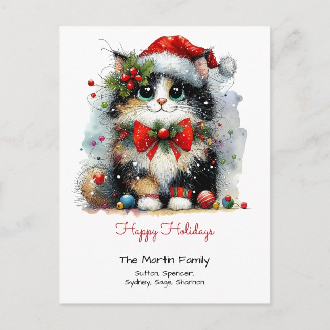Carte Postale Joli chat noir dans un bonnet de Père Noël Joyeuse (Devant)