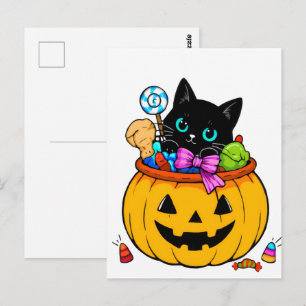 Carte Postale Joli Chat Noir dans une Citrouille Jack-O'-Lantern