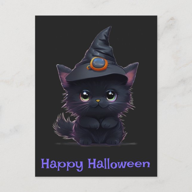 Carte Postale Joli chat noir d'Halloween amusant (Devant)