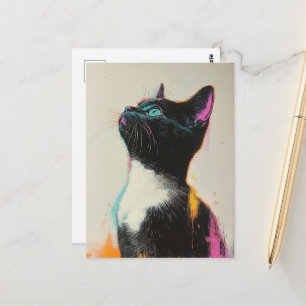Carte Postale Joli chat noir et blanc avec rose et jaune