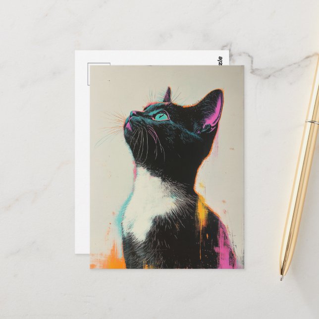 Carte Postale Joli chat noir et blanc avec rose et jaune  (Devant/Arrière en situation)