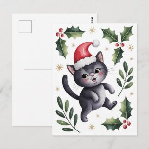 Carte Postale Joli chat noir Kitty Noël hiver vacances     