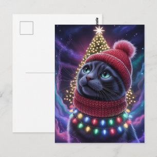 Carte Postale Joli chat noir Kitty Noël hiver vacances     