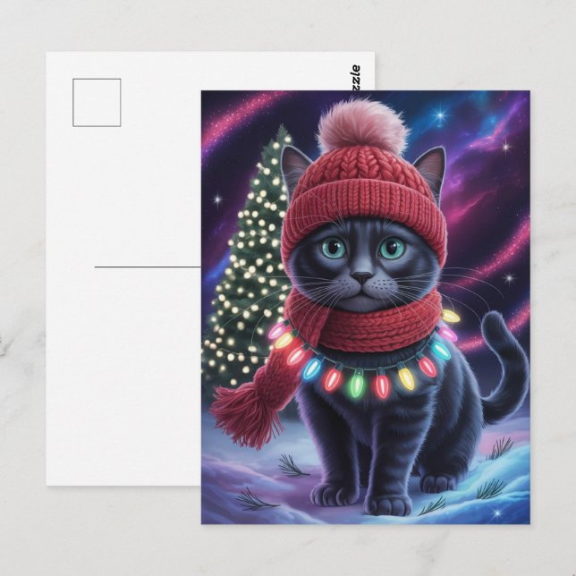 Carte Postale Joli chat noir Kitty Noël Hiver Vacances      (Devant / Derrière)