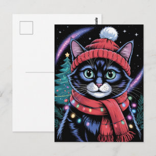 Carte Postale Joli Chat Noir Kitty Noël Hiver Vacances     