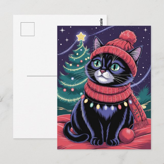 Carte Postale Joli chat noir Kitty Noël hiver vacances      (Devant / Derrière)