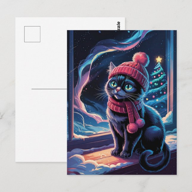 Carte Postale Joli Chat Noir Kitty Noël Vacances d'Hiver      (Devant / Derrière)