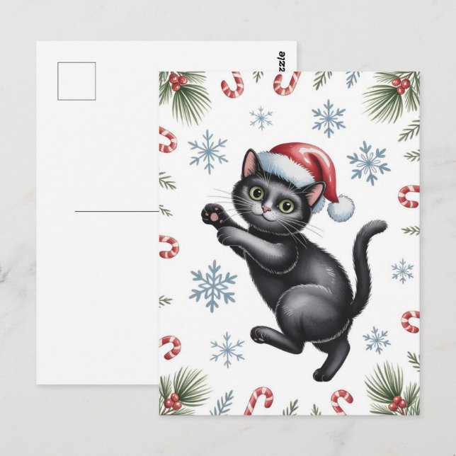 Carte Postale Joli Chat Noir Kitty Noël Vacances d'Hiver      (Devant / Derrière)