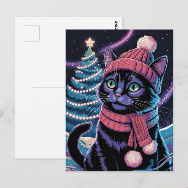 Carte Postale Joli chat noir Kitty Noël Vacances d'hiver      (Devant / Derrière)