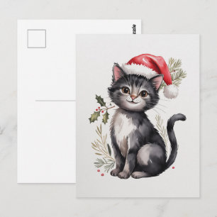 Carte Postale Joli chat noir Kitty Noël Vacances d'hiver     