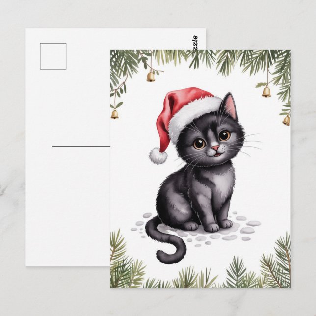 Carte Postale Joli Chat Noir Kitty Noël Vacances d'Hiver      (Devant / Derrière)