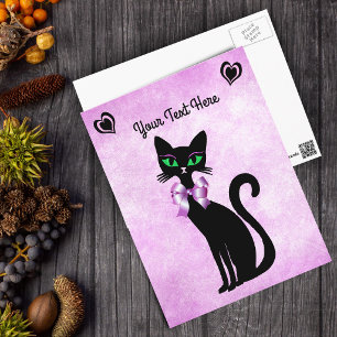 Carte Postale Joli Chat Noir Yeux Verts Nœud Papillon sur Rose
