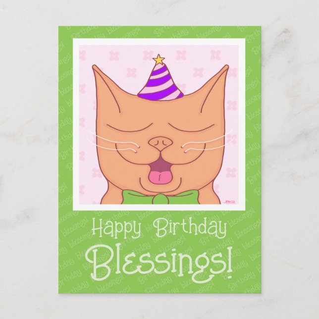Carte Postale Joli Chat Orange Avec Chapeau D'anniversaire Bénéd (Devant)