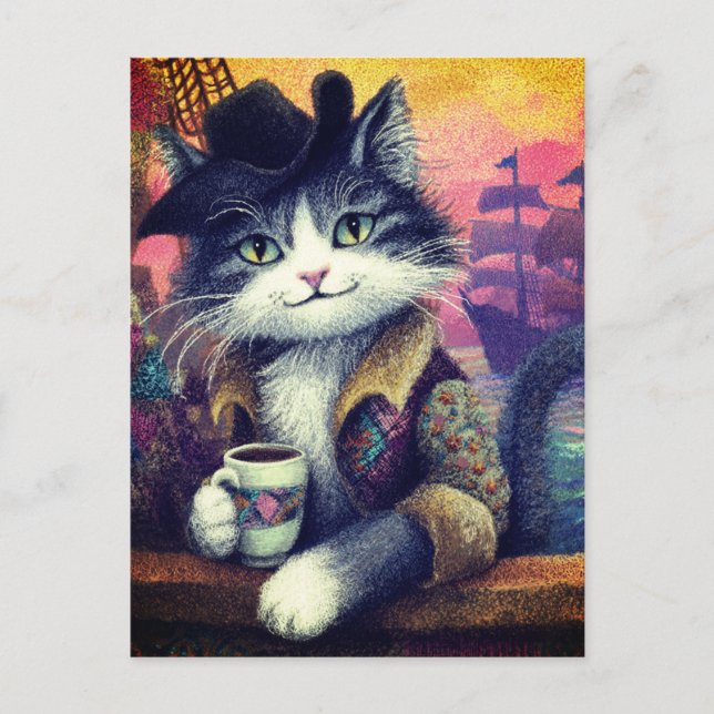 Carte Postale Joli Chat Pirate Avec un Café (Devant)